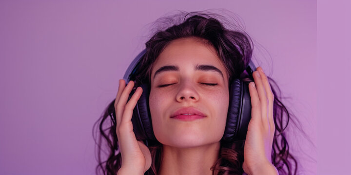 young woman putting on headphones, eyes open, slightly smilling, studio natural lighting, AI Generative