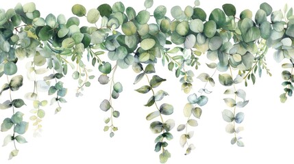 watercolor hanging wreath of eucalyptus greenery leaves, white background