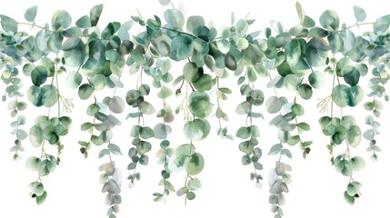 watercolor hanging wreath of eucalyptus greenery leaves, white background