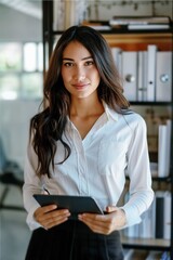 Obraz premium beautiful business woman holding tablet computer in modern office
