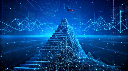 Abstract digital mountain, flag, and stairs. Leadership concept. Goal achievement concept. Low poly wireframe vector illustration in futuristic modern style on technological blue background.