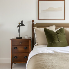 A bedroom with white walls, an olive green velvet cushion on the bed, and a brown wooden bedside table. A black metal lamp is placed atop it. There's also a framed painting hanging above the headboard