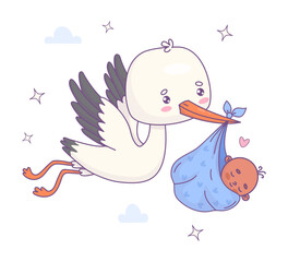 Cute flying stork with black ethnic newborn baby boy. Funny Cartoon bird kawaii character and delivery of infant. Vector illustration. Kids collection