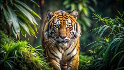 Fototapeta premium Majestic tiger prowling through dense undergrowth, tiger, majestic, wild animal, predator, prowling, forest, jungle