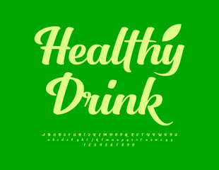 Vector green template Healthy Drink. Modern Cursive Font. Stylish  Alphabet Letters, Numbers and Symbols
