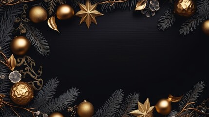 Golden Christmas Decorations on Black Background