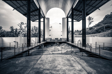 Stratified remains of ancient and modern fortresses. A unique example in the world. The fortress of Osoppo. Black and white.