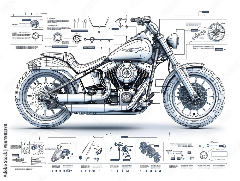 Wall mural detailed infographic blueprint of structural motorcycle components in minimal technical layout on