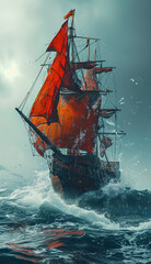 Obraz premium Seascape Of Ship Modern Flying Transparent Red Sails Background