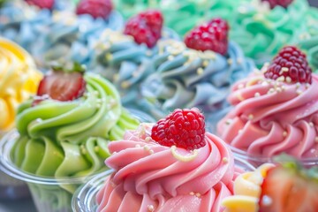 Assorted cupcakes in vibrant colors sit neatly on a table, ready to be enjoyed, A symphony of colors and tastes