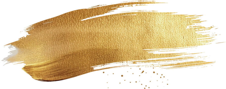 Gold paint brush vector smear stroke. Acrylic golden color stain on transparent background. Abstract vector gold glittering textured background for invitation, wedding or bithday card template