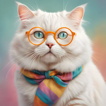 A white cat wearing glasses and a tie fashionable stylish unique cat colorful background

