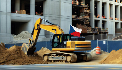 Yellow excavator at a construction site, proudly displaying the Czech flag, represents hard work and national pride