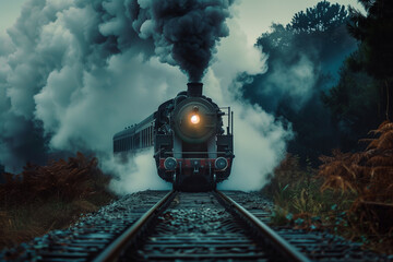 Front view of an old vintage steam train with lots of smoke in the evening