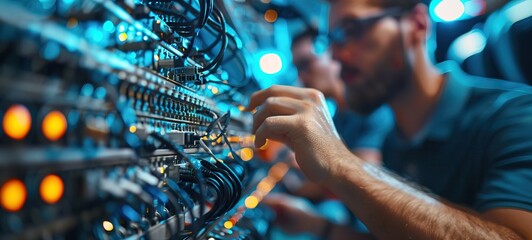 A team of IT professionals assembling a new computer network, Team, Teamwork, blurred background, with copy space 