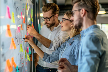 Business team members around a whiteboard, actively discussing ideas while placing colorful sticky notes