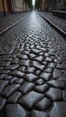 Cobblestone street wet by rain, Closeup