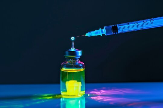 A syringe injecting a fluorescent liquid into a bottle with a needle sticking out, A syringe injecting a fluorescent liquid into a vial