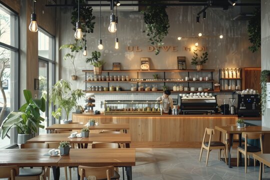 A stylish cafe with wood tables and a counter, natural light, and greenery