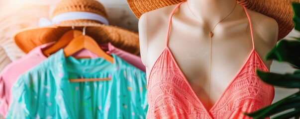 Summer sale banner with beachwear, vibrant colors, sunny background, attracting shoppers, seasonal discounts