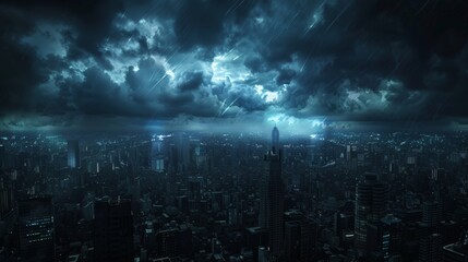 Futuristic Cyberpunk Cityscape in the Midst of a Severe Storm - Dark and Moody 3D Render