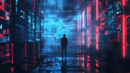 A lone cybersecurity professional works tirelessly to defend a network, portrayed as a single warrior guarding a digital gate