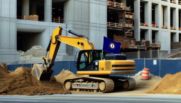 Yellow excavator at a construction site, proudly displaying the Kentucky flag, represents hard work and national pride