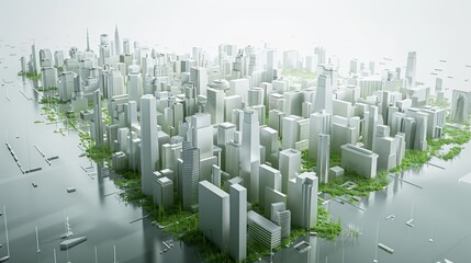 Obraz premium Futuristic Urban Planning for Climate Resilience in Green and Grey Tones - 3D Rendered Cityscape Concept