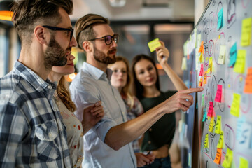 Business team members around a whiteboard, actively discussing ideas while placing colorful sticky notes