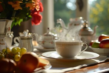 A cup of tea steams on a set breakfast table, A table set for breakfast with a steaming cup of coffee and a plate of fresh fruit