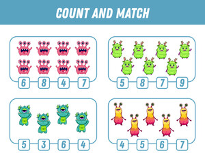 Education game for children count and match of cute cartoon monsters, printable worksheet. Vector
