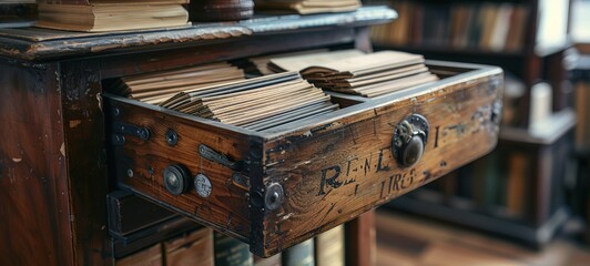 Old library or archive reference catalogue with opened card drawer. with copy space image. Place for adding text or design 