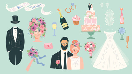 Set of isolated vector illustrations for wedding celebration and other