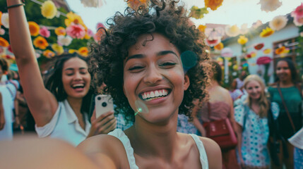 A young woman in her early twenties smiling brightly as she takes a selfie with her friends at a lively outdoor event, capturing a moment of pure bliss