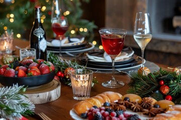 A table set for Christmas dinner featuring an assortment of fruits and glasses of wine, A table set with holiday treats and cocktails