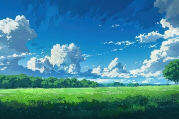 Fototapeta premium Digital painting of a beautiful green field with blue sky and fluffy clouds, perfect for nature, peace, and calmness themed designs.