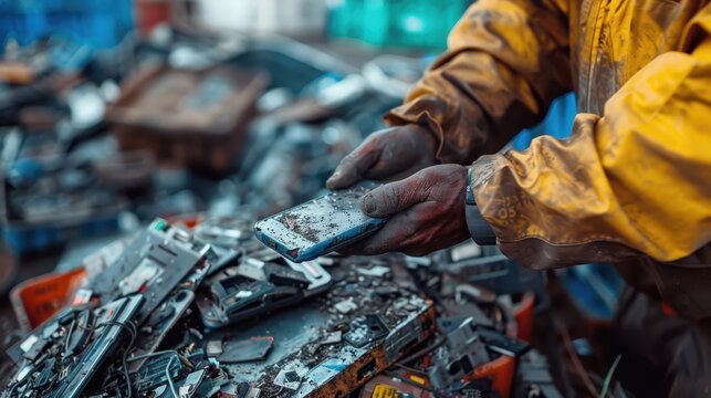 A worker sorts through e-waste
