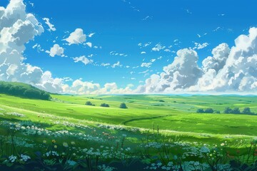Grass Field landscape with blue sky and white cloud. Blue sky clouds sunny day wallpaper. Cartoon illustration of a Grass Field with blue sky in Summer. green field in a day.
