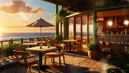 sunset view on the beach with a restaurant on the beach, in the looping background with 4K video animation.
