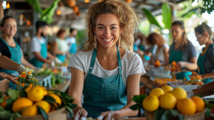 Fototapeta premium A young woman smiles brightly as she works alongside others in a bustling market setting, surrounded by fresh produce