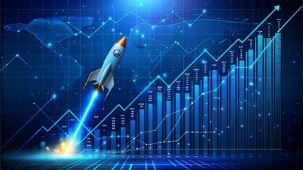 Abstract growth graph chart with launch rocket on technology blue background. Startup and success business concept. Boost metaphor in futuristic light blue style. Low poly digital vector illustration.