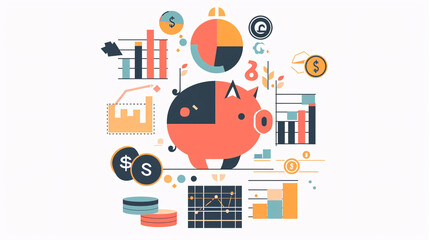 A clean finance illustration on a white background featuring various financial icons such as graphs, charts, and currency symbols, all arranged in an organized and visually appealing manner