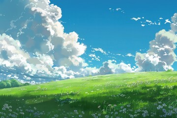 Grass Field landscape with blue sky and white cloud. Blue sky clouds sunny day wallpaper. Cartoon illustration of a Grass Field with blue sky in Summer. green field in a day.