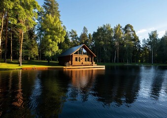 Obraz premium Tranquil Lake Retreat Rustic Wooden Cabin in Peaceful Rural Nature