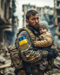 Ukrainian Soldier Holding Child in War-Torn City. Generative ai