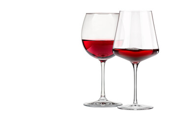 Set of red wine glasses isolated on white background. Rose wine splashing in glassware.