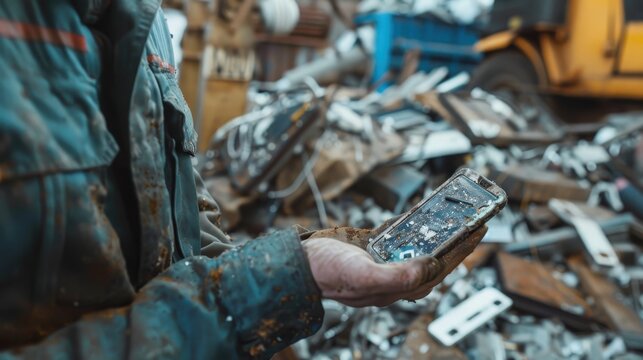 A worker in a scrap yard holding a broken smartphone - Powered by Adobe