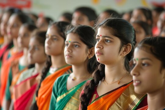 Indian girls listening the Indian national anthem, standing together
