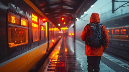 Traveler in Yellow Jacket Waiting for Train on Rainy Day. Generative ai