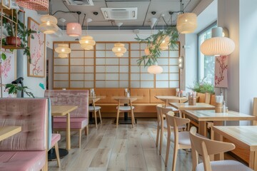 Interior shot of a trendy cafeteria featuring light wood furniture and minimalist decor